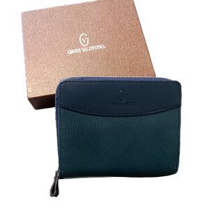 Gianni Valentino NEW Green & Blue Leather Bi-Fold Zippy Wallet w/ Box VTG Y2K